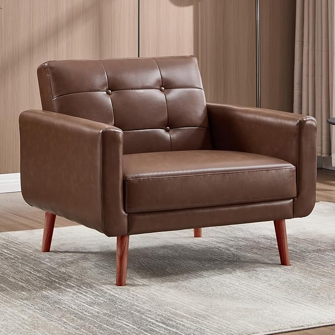 CANMOV 29" W Oversized Leather Accent Chair, Armchair Button Back, Mid Century Modern Accent Chairs for Living Room, Modern Upholstered Bed Room Chair Cozy Armchair with Wood Legs, Brown