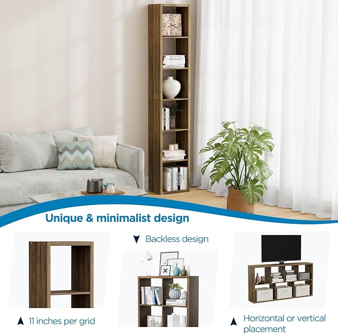 6 Cube Storage Organizer Single Row, Cube Shelf with Heavy-Duty Thick Boards, 13.31" L x 9.37" W x 72.36" H, Smooth Easy-Clean Panels, Simple Assembly, for Living Room Bedroom Office, Brown
