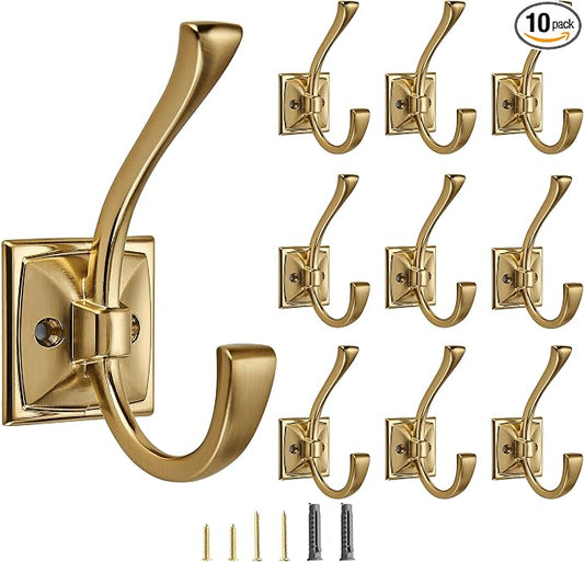 10 Pack Decorative Heavy Duty Towel Hooks for Hanging Robe Double Brushed Brass Coat Hooks Wall Mounted with Screws for Key, Towel, Bags, Cup, Hat