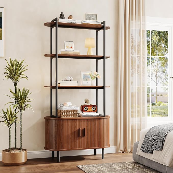 4 Tier Tall Bookshelf with Cabinet, Fluted Bookcase with Sliding Door, Metal and Wood Display Shelf, Free Standing Storage Shelving Unit, Corner Storage Organizer for Living Room, Home Office, Walnut