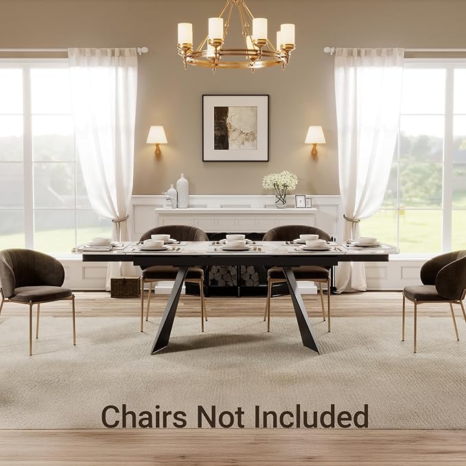 Extendable Dining Table with Leaf, 65"-95" Rectangular Sintered Stone, Marble-Look Top, Seats 6-12, Metal Base, Easy-Clean, Heat & Scratch Resistant, Dining Room/Kitchen Table for Family Gatherings