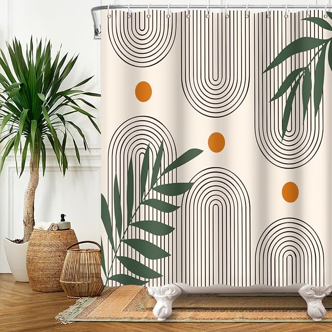 Boho Mid Century Shower Curtain Bohemian Minimalist Geometric Arch Sun Bathroom Curtain Sage Green Plant Polyester Shower Curtain Sets for Bathroom Extra Long 72x78 in with 12 Hooks