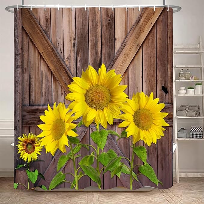 Rustic Farmhouse Shower Curtain for Bathroom - Yellow Sunflowers Vintage Wood Door Retro Country Washable Polyester Durable Fabric with Hooks, 48x72 Inch