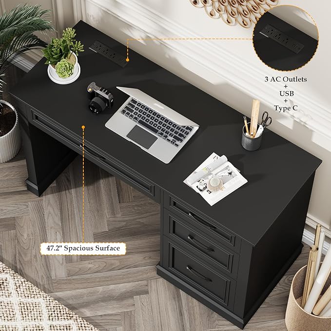 Vabches Farmhouse 47" Executive Desk, Computer Desk with Drawers and File Drawer, Workstation Computer Desk with Charging Station for Home Office, Study,（Pure Black