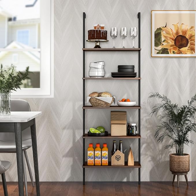 Giantex 5 Tier Wall Mounted Bookshelf Set of 2, 71'' Modern Wood Bookcase with Steel Frame, Stand Display Storage Rack Organizer Ladder Shelf for Living Room, Kitchen, Rustic Brown