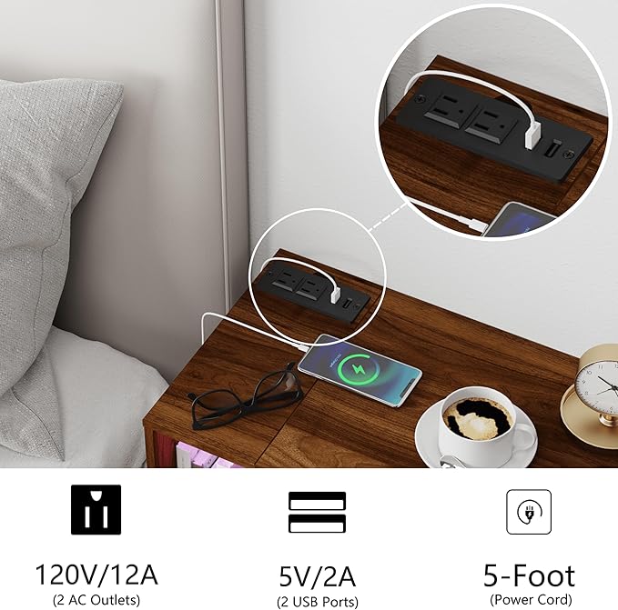 Floating Nightstand with Charging Station and LED Lights, Walnut Brown
