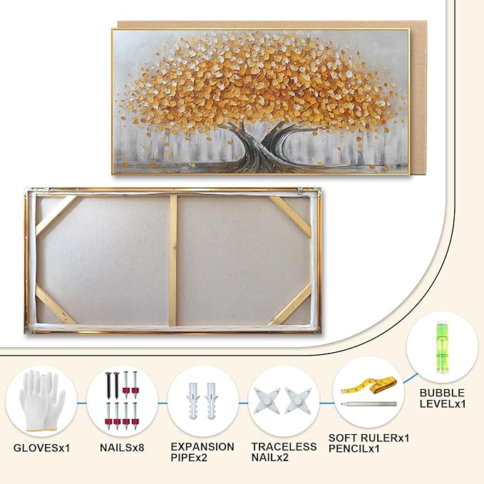 Gold Tree of Life Canvas Wall Art, Modern Abstract Textured Painting, Large Framed Panoramic Landscape Artwork for Living Room, Bedroom, Office, Home Decor 48"x24"