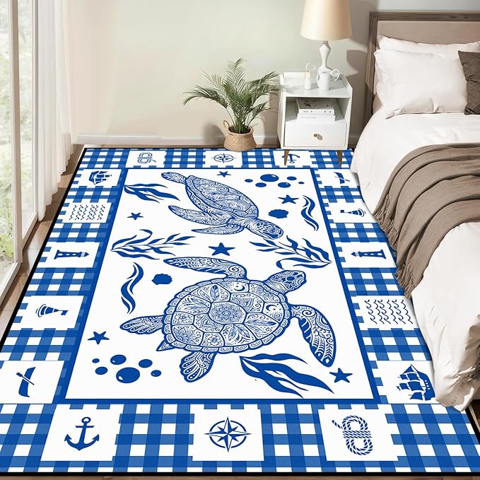 Sea Turtle Rug Coastal Ocean Print Floor Mat Blue and White Plaid Area Rug for Bedroom Living Room Nursery Kitchen Playroom Home Decor Non-Slip Washable Carpet,4'x6'