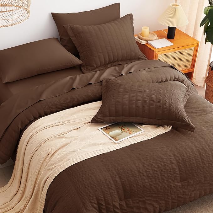 CozyLux Queen Comforter Set Brown, 7 Pieces Seersucker Textured Luxury Bed in a Bag Queen, All Seasons Soft Bedding Sets with Down Alternative Comforter, Sheets, Pillowcases & Shams, Home Gift