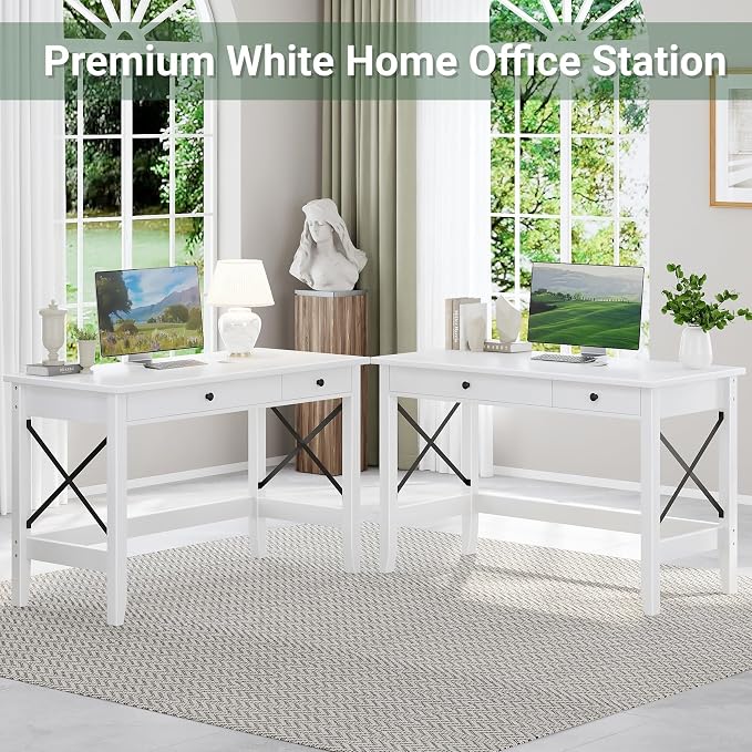 JSB 43.3'' White Computer Desk for Home Office,Farmhouse Executive Desk with 2 File Drawers,Study Writing Table Storage Cabinet,Makeup Vanity Desk for Bedroom (White, 43.3in)