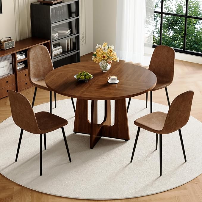 47" Round Dining Table Set for 4, Walnut Wood Grain Table and 4 Brown Suede Upholstered Chairs Set, Mid Century Modern Kitchen Table Set with Cross Legs