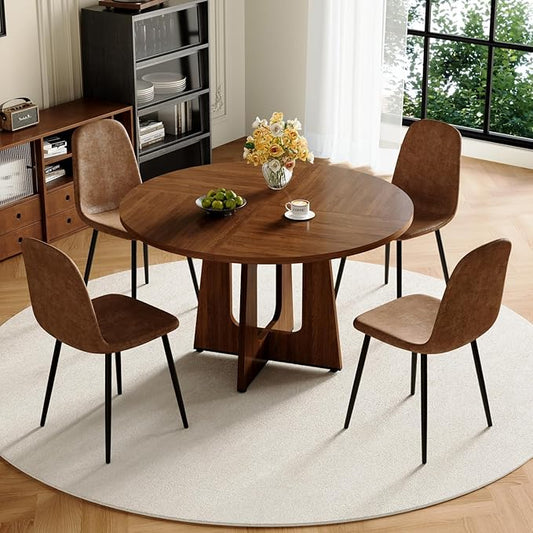 47" Round Dining Table Set for 4, Walnut Wood Grain Table and 4 Brown Suede Upholstered Chairs Set, Mid Century Modern Kitchen Table Set with Cross Legs