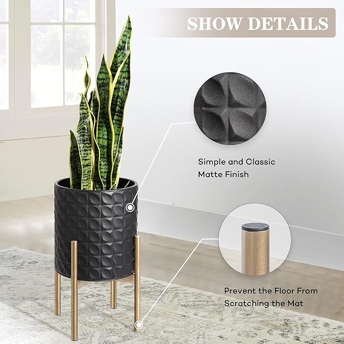 Oakrain Planters for Indoor Plants, Set of 2 Decorative Metal Planter Pots, Mid Century Modern Planter with Stand for Living Room, Office, Garden or Balcony, Black, 8"&10"