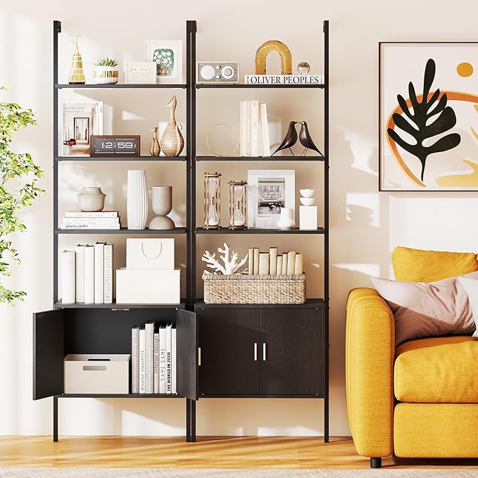 Giantex 72.5" Ladder Bookshelf with Cabinet Set of 2, 5-Tier Tall Wall-Mounted Shelf w/Storage, Modern Style Kitchen Open Shelving Organizer, Heavy-Duty Metal Frame Display Rack for Living Room,Black