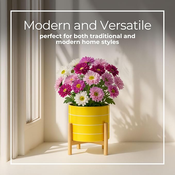 Striped Ceramic Planters with Wooden Stand as Home Decor Flower Pots for Entryway, Patio, Tabletop, and Garden - Colorful Decorative Pots for Indoor and Outdoor Plants - 9", Yellow & Tan