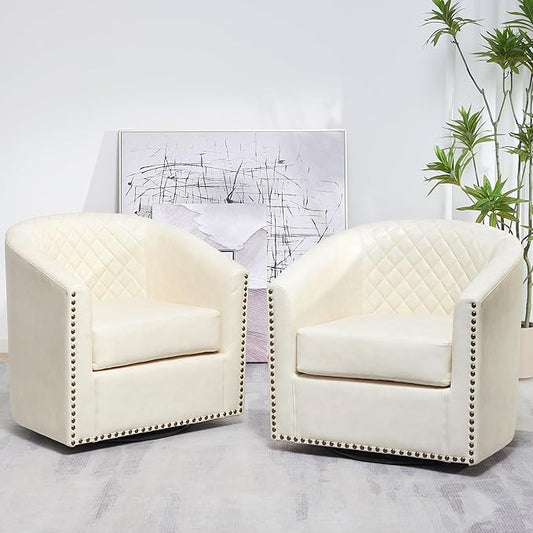 KINWELL 29" Wide Tufted Faux Leather Swivel Barrel Chair Set of 2, PU Leather Modern Upholstered Accent Chairs with Nailhead Trim, Small Armchair for Living Room Bedroom, Cream