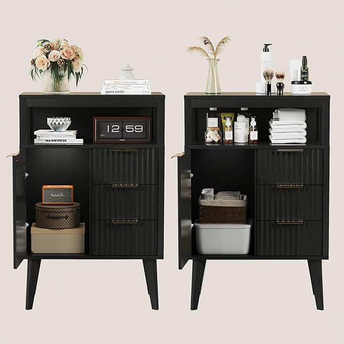 Black Bathroom Floor Cabinet with 3 Fluted Drawers & Door, Modern Storage Sideboard with Open Shelf, Coffee Bar Station for Living Room, Entryway, 23.6 x 11.8 x 34.6 Inches