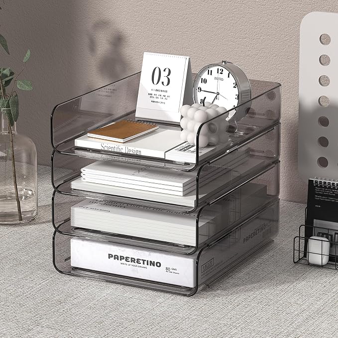 FANXIYQ 4-Tier Acrylic Paper Tray Organizer, Smoked Brown Stackable Desk File Organizer for Documents, Files, Letters, A4 Paper, Books, Notes, Mail & Paper Storage, Office Classroom Home