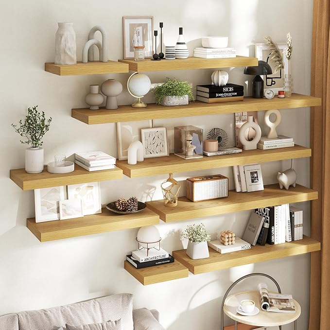 72 Inch Long Floating Shelves for Wall Set of 2, 12"D Wood Grain Bathroom Shelves with Invisible Brackets, Easy Install Engineered Wood Storage Shelves for Kitchen, Living Room, Bedroom, Oak Finish