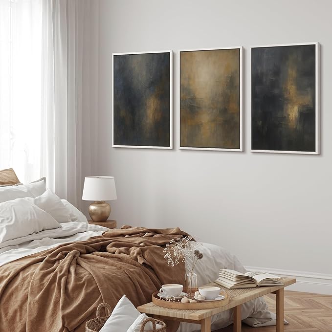 MUDECOR Framed Wall Art Print Set Dark Abstract Modern Contemporary in Navy Blue and Gold Brushstrokes Illustrations Modern Art Decorative Colorful for Living Room, Bedroom, Office - 16"x24"x3 White