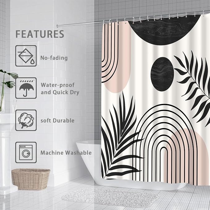 Mid Century Abstract Boho Aesthetic Shower Curtain Set, Green Nature Leaf Sun Modern Minimalist Home Bathroom Curtain Decor with 12 Hooks 72 Inch Wide * 84 Inch High