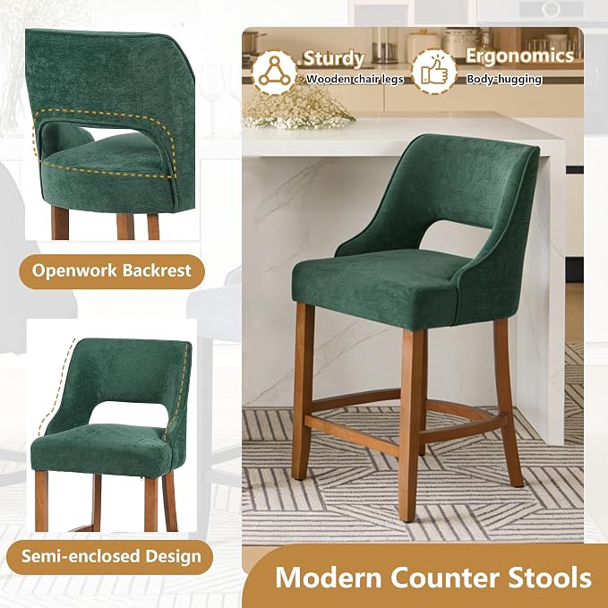 ClinQ Bar Stools Set of 3, 26" H Counter Height Bar Stools with Backs, Modern Upholstered Accent Barstools with Curved Footrest for Kitchen Island, Dining Room and Bar, Green-Walnut Legs