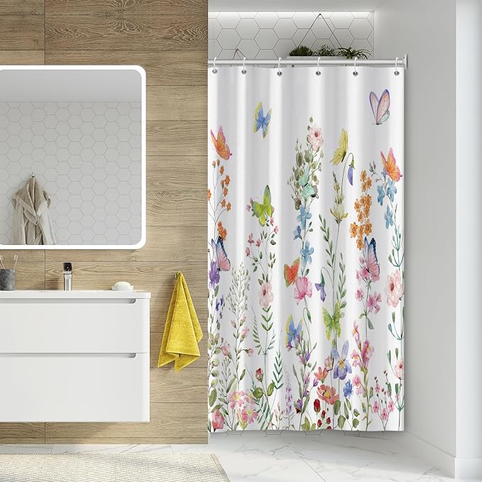 Spring Floral Butterfly Shower Curtain Summer Colorful Wildflowers Botanical Shower Curtain for Rustic Vintage Bathroom Decor Easter Shower Curtain Set 36x72 Inches