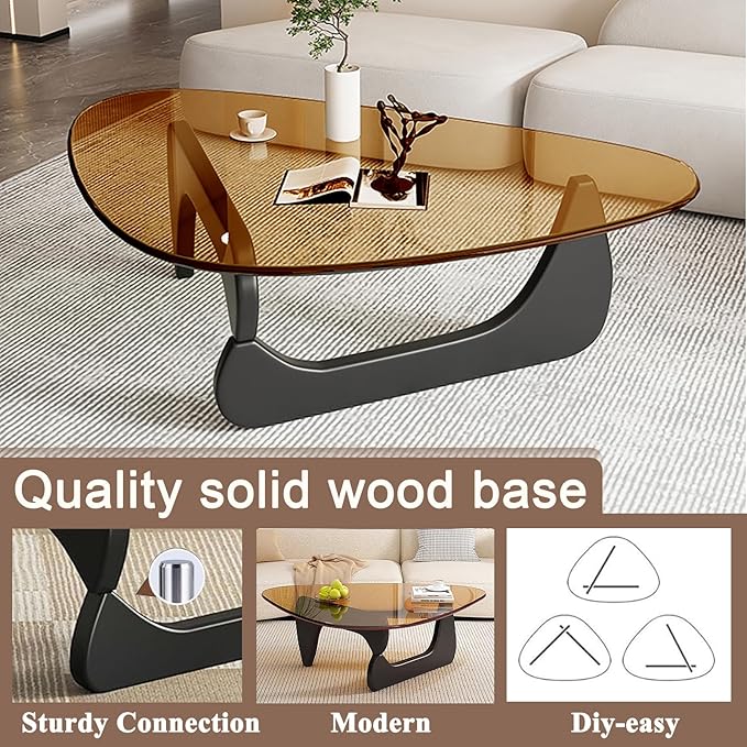 Mid Century Modern Glass Coffee Table, Coffee Table for Living Room, Noguchi Coffee Tables,Suitable for Bedroom Living Room Reception Office Tables (Black/Brown, ML)