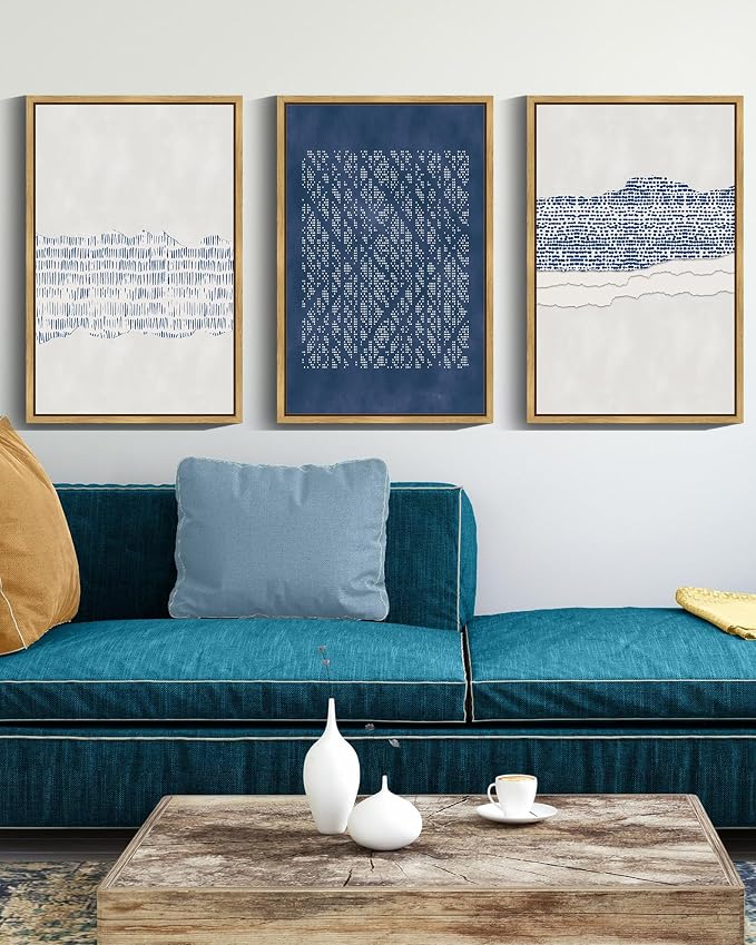 Drsoum Blue Abstract Boho Framed Wall Art Large 16x24in Minimalist Mid-Century Modern Wall Decor Geometric Artwork Kitchen Dining Room Natural Framed