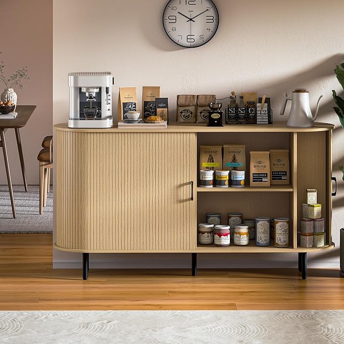 PUKAMI 55" Wood Buffet Sideboard Cabinet with Storage, Mid-Century Modern Coffee Bar Cabinet with Sliding Doors & Shelves, Accent Credenza Console Table for Kitchen, Dining Room, Entryway (Oak)