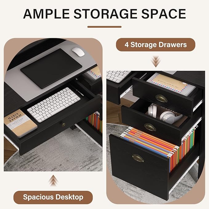 4 EVER WINNER Black Desk with Drawers, Small Desk with File Drawer and Monitor Stand, Computer Desk with Storage, Writing Desk for Bedroom Home Office, Black