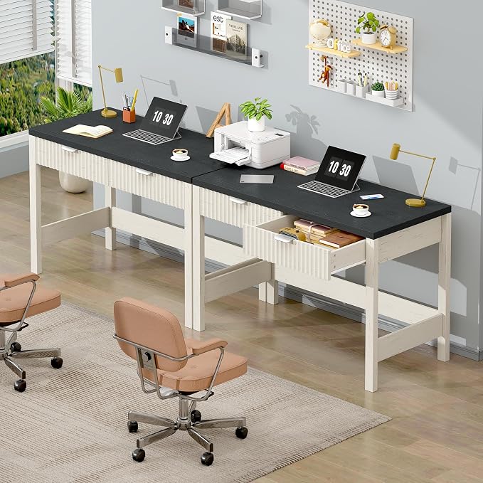 YOMILUVE Fluted Computer Desk with 2 Drawers, 39 Inch Small Computer Desk with Storage, Compact Writing Study Desk for Small Spaces, Black and White