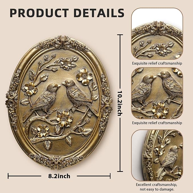 Vintage Bird Wall Sculpture,Antique Wall Decor,Retro Art Birds Sculpture,Hand Painted Wall Decoration with Embossed Couple Birds Design,Vintage Wall Decor for Living Room Bedroom Dining Room Hallway,Valentines Day Gift