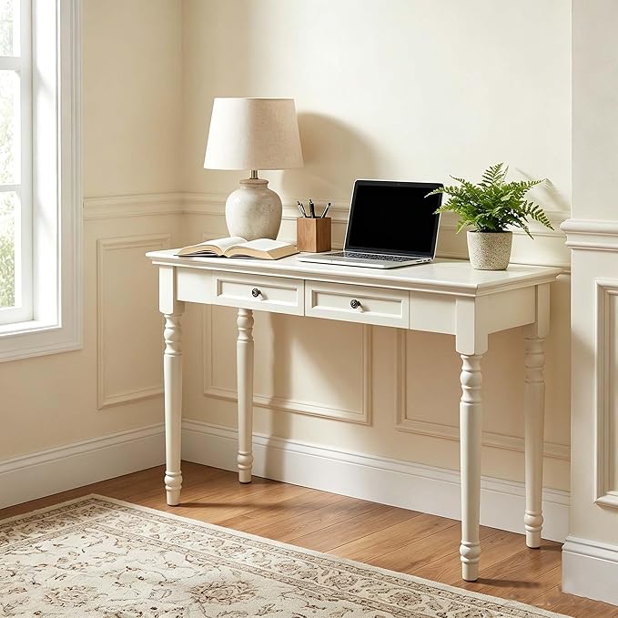 47" Narrow Solid Wood Writing Desk with Drawers, White French Country Style Computer Desk for Home Office, Living Room or Study