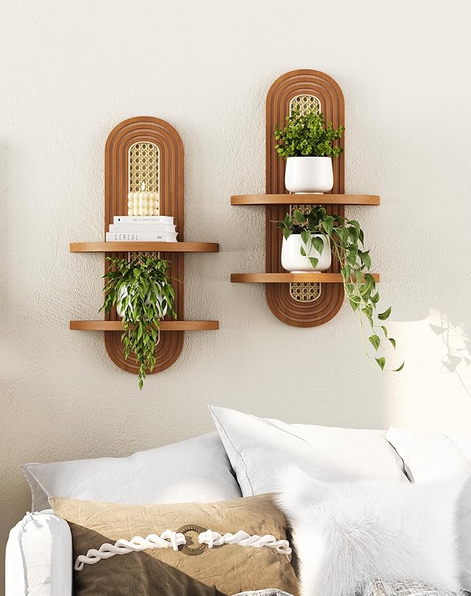 Floating Shelves for Wall,Boho Rattan Plant Shelf Wall Mounted,Mid Century Hanging Small Decorative Shelf,2 Tier Natural Wood Shelves for Living Room,Bedroom,Nursey Room,1-Pack (Walnut)