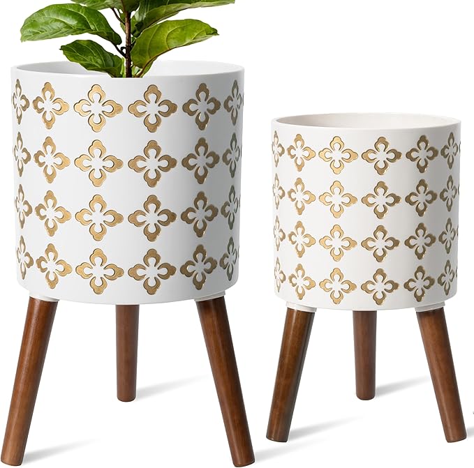 10 + 12 InchIndoor Planter with Stand Set of 2 - Large Indoor Plant Pots with Solid Oak Wood Stand and Drainage, White and Gold