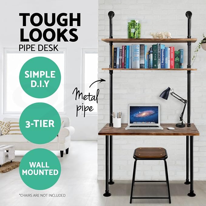 LOKKHAN 79-inch Industrial Laptop Desk Solid Wood Computer Desk Wall Pipe Desk with Shelves Computer Table for Home Office (L:40 inch)