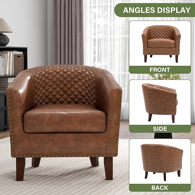 UIXE PU Leather Barrel Accent Chairs Set of 2, Modern Upholstered Armchair Round Club Chair for Living Room, Comfy Nailed Trim Arm Chair Bedroom Side Reading Seat - Brown