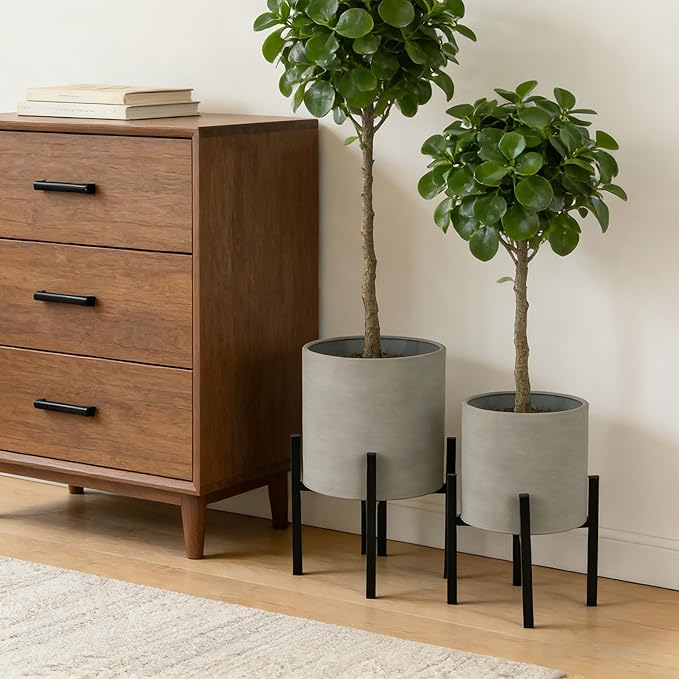 ARNIS Modern Plant Pots, Set of 2 Large Planters with Stand, Decorative Planters, Metal Pots with Drainage Holes for Living Room, Office, Garden or Balcony, 8.25 &10.5 Inch, Grey