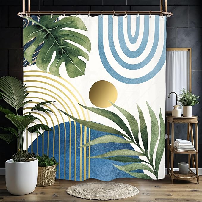 Miyotaa Abstract Blue Modern Shower Curtain Set 60Wx71H Inches Minimalist Aesthetic Mid Century Contemporary Plant Monstera Leaves Polyester Waterproof Bathroom Curtain with 12 Hooks