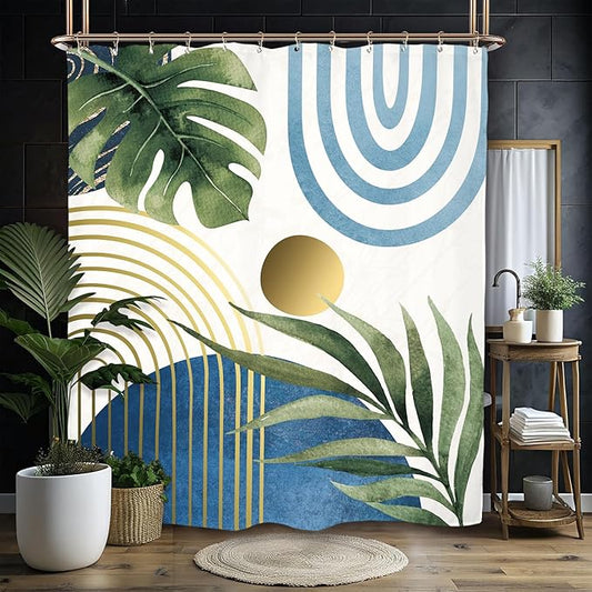 Miyotaa Abstract Blue Modern Shower Curtain Set 60Wx71H Inches Minimalist Aesthetic Mid Century Contemporary Plant Monstera Leaves Polyester Waterproof Bathroom Curtain with 12 Hooks