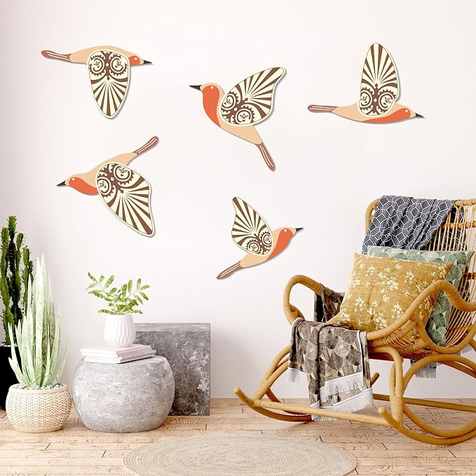 KOYILTD 5 Piece Bird Wood Wall Sculptures Wooden Wall Art Decor Scandinavian Home Decorations Flying Bird Wall Decor Farmhouse Wall Art for Home Living Room Bathroom Dining Room (Orange)