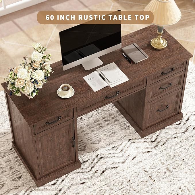 CARPETNAL 58'' Farmhouse Executive Desk with Drawers, Home Office Desk with File Drawer and Storage Cabinet, Rustic Computer Desk for Working, Studying, Writing, Brown