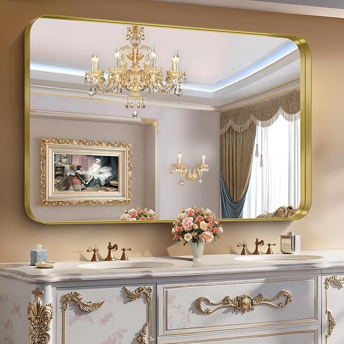 CIRCUMI Gold Bathroom Mirror, 36"x55" Rectangular Mirror with Deep Metal Frame, Rounded Corner, Tempered Glass, Large Mirror for Wall, Over 2 Sinks, Installed Vertically/Horizontally, Crystal-Clear