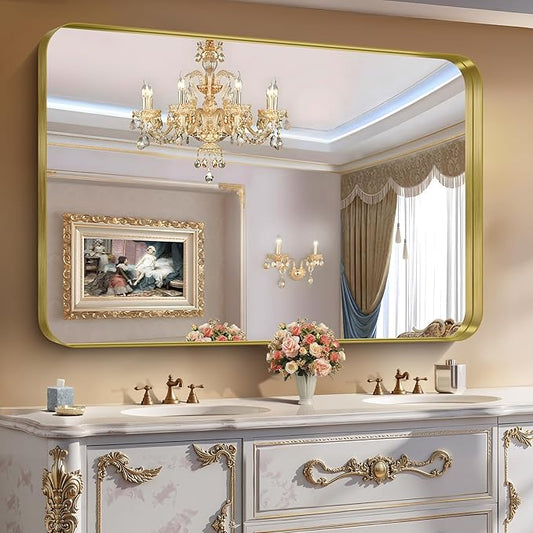 CIRCUMI Gold Bathroom Mirror, 36"x55" Rectangular Mirror with Deep Metal Frame, Rounded Corner, Tempered Glass, Large Mirror for Wall, Over 2 Sinks, Installed Vertically/Horizontally, Crystal-Clear