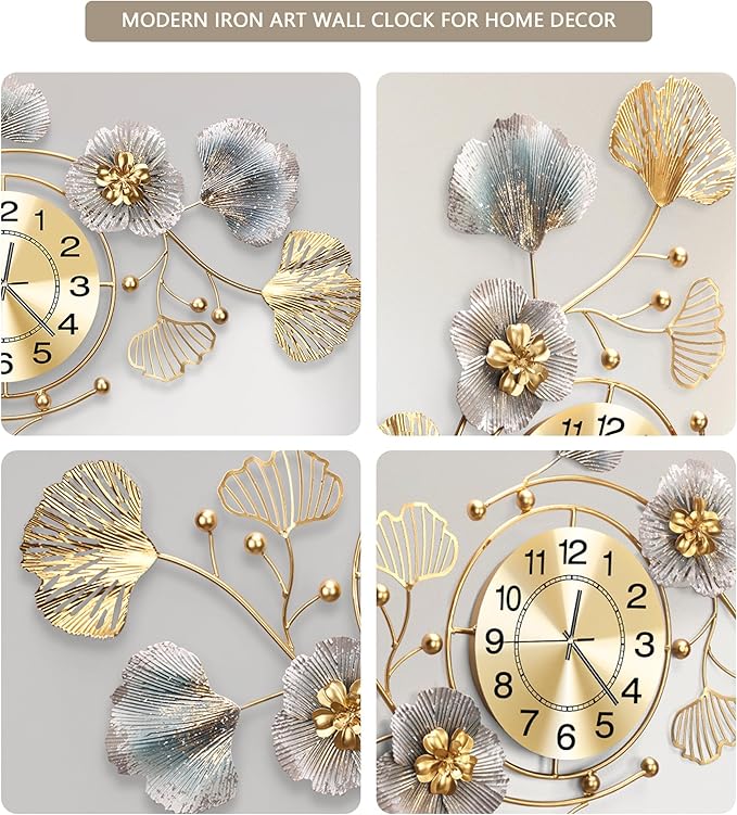 Clocks for Living Room, Large Wall Clock, 3D Silent Wall Clock, Retro Metal Ginkgo Leaf Design, for Bedroom Kitchen Decorative Wall Clocks（35''x20'' ）