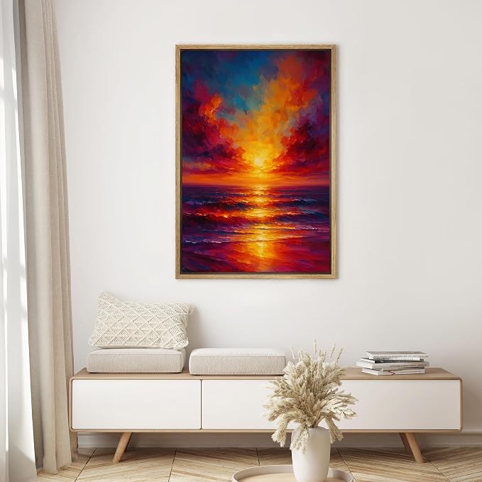 SIGNWIN Framed Canvas Print Wall Art Vivid Ocean Sunset Colorful Seascape Decorative Multicolor Colorful Rustic for Living Room, Bedroom, Office - 24"x36" Natural