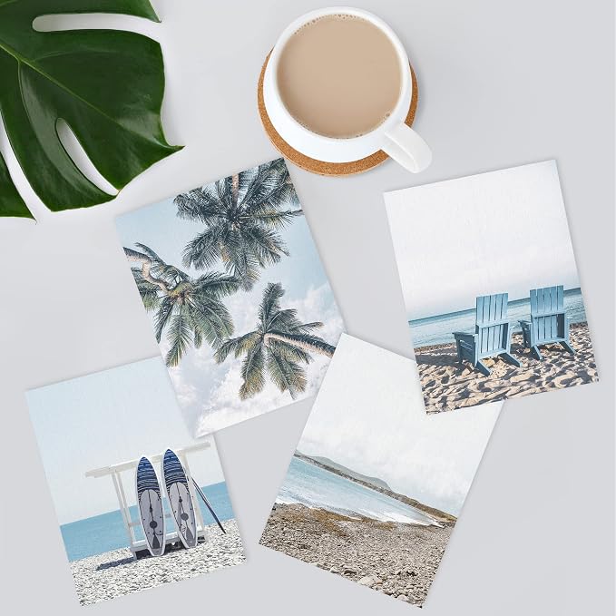SIGNWIN Poster Bathroom Decor, Wall Art Room Decor Multicolor for Living Room, Bedroom, Office White Surfboard Tropical Palm Tree Beach Shore Nature Wilderness Realism Landscape Colorful - 12"x16"x4