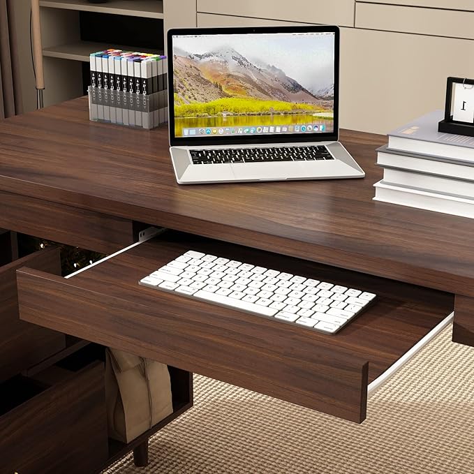 Homsee Home Office Executive Desk, Computer Desk Corner Desk with 3 Drawers, 3 Open Shelves & Keyboard Tray, 55 Inch Large L-Shaped Study Writing Table with Storage Cabinet, Deep Brown