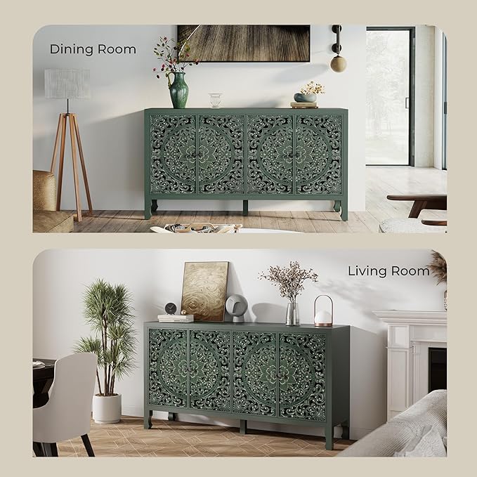 Buffet Cabinet with Storage, Accent Cabinet with 4 Carved Doors, Solid Wood Sideboard with Adjustable Shelf, Vintage Cabinets for Kitchen, Living Room, Entryway, Green